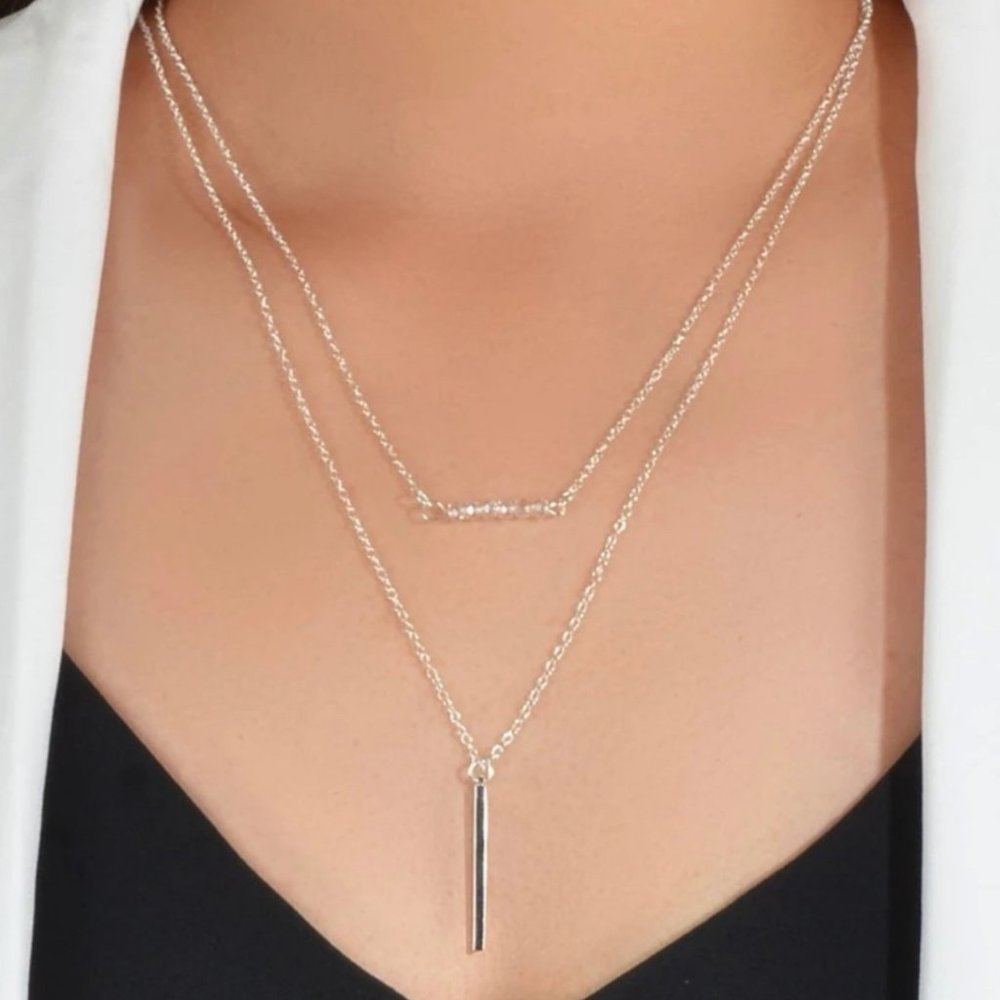 Silver Layered Bar & Beaded Side Necklace - Picture 1 of 3